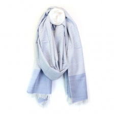 White Viscose Scarf with Fine Blue Stripes & Colourblock by Peace of Mind